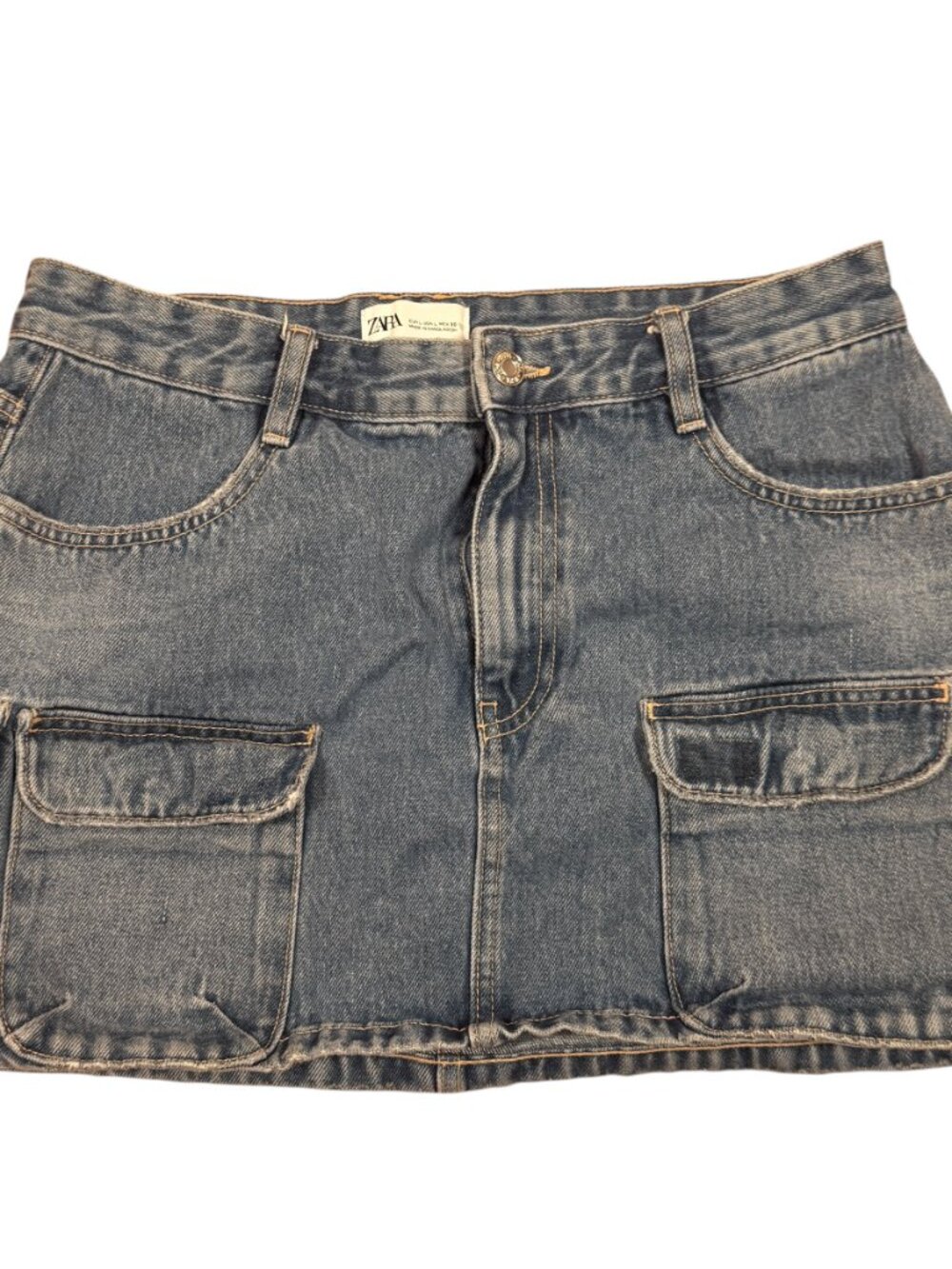 Zara Denim Mini Skirt Womens Size L Blue Cargo Pocket Y2K Jean Skirt